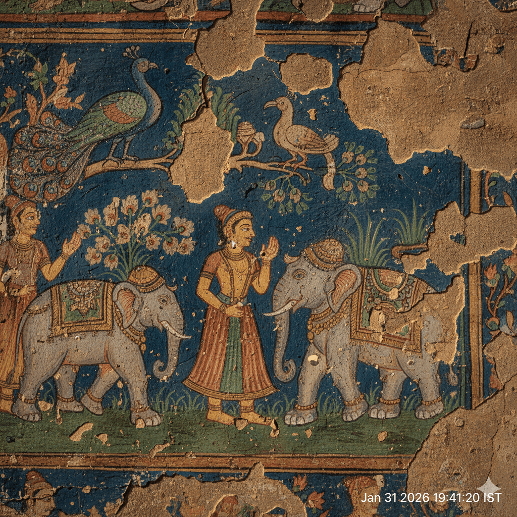 AI generated image of a weathered historical fresco in an open-air art gallery in Shekhawati.