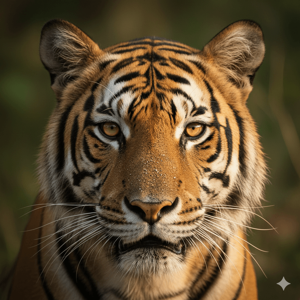 Close-up of a Royal Bengal Tiger walking towards the camera in an Indian forest, AI generated image.