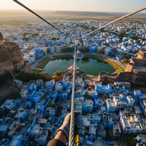 AI-generated cinematic first-person view of ziplining over Jodhpur Blue City from Mehrangarh Fort.