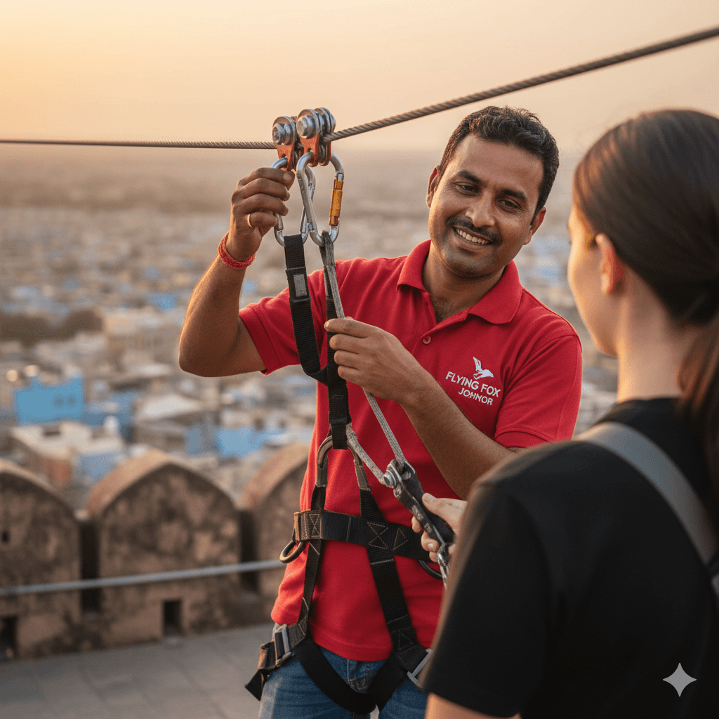 AI-generated close-up of professional safety gear and harness used at Flying Fox Jodhpur.