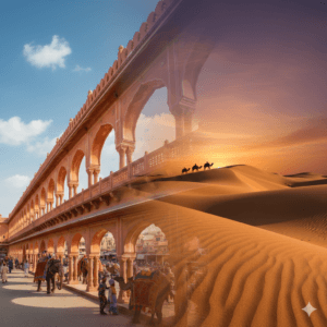 AI generated image of a panoramic sunset view over Rajasthan's iconic forts and palaces, highlighting free things to do in Rajasthan.