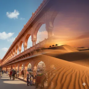 AI generated image of a panoramic sunset view over Rajasthan's iconic forts and palaces, highlighting free things to do in Rajasthan.