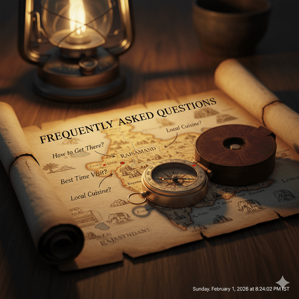 AI generated image of a vintage compass on a map for the FAQ section of the Rajsamand travel guide. Places to visit in Rajsamand