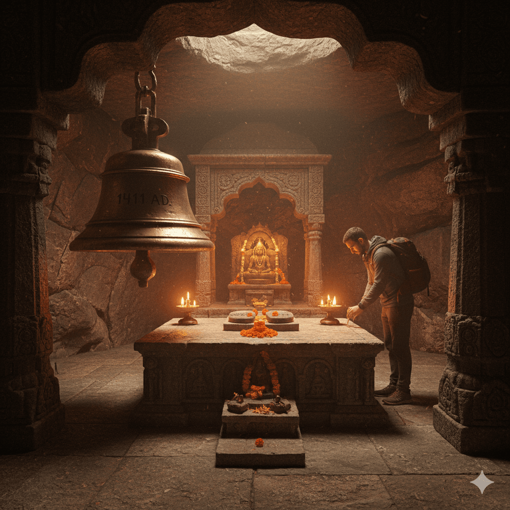AI-generated realistic interior of the Guru Dattatreya cave temple at Guru Shikhar summit.