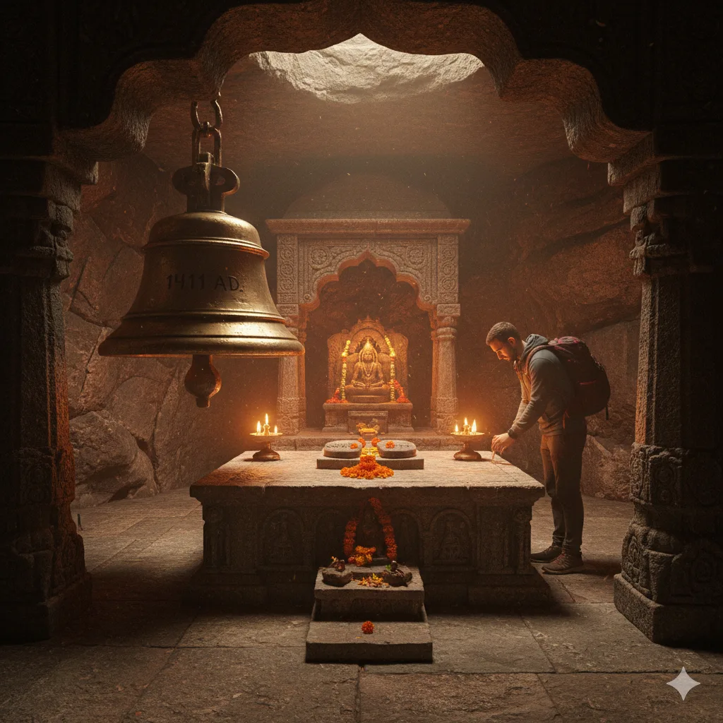 AI-generated realistic interior of the Guru Dattatreya cave temple at Guru Shikhar summit.