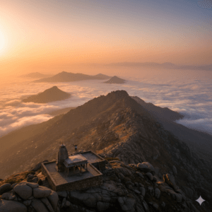 AI-generated cinematic wide panorama of Guru Shikhar peak in Mount Abu Rajasthan at sunrise.