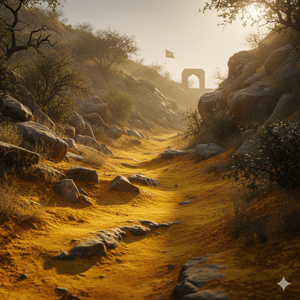 AI generated image of the historic Haldighati mountain pass in Rajsamand with yellow soil and rugged terrain.