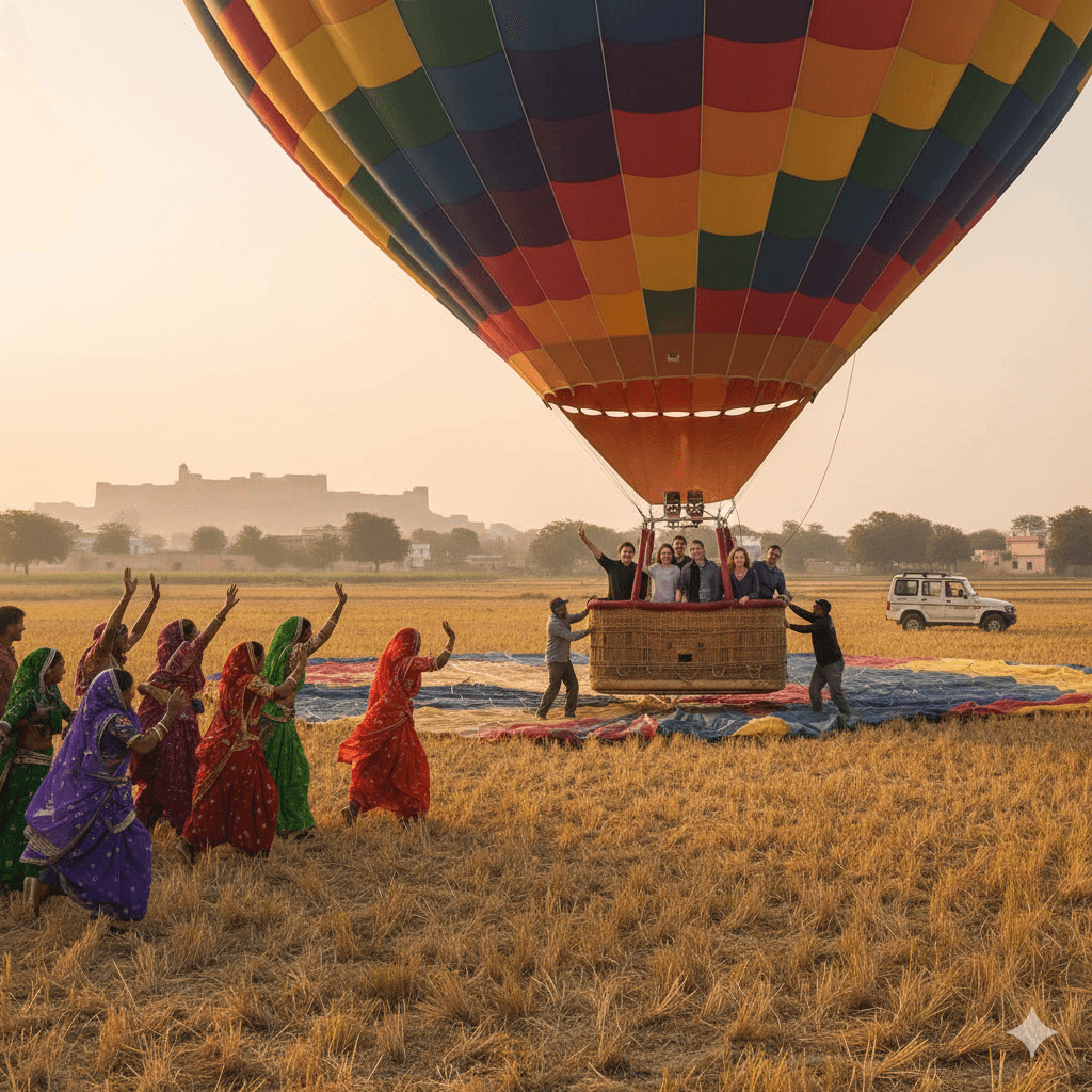 AI-generated image: A hot air balloon landing safely in a rural Rajasthan field surrounded by local villagers.