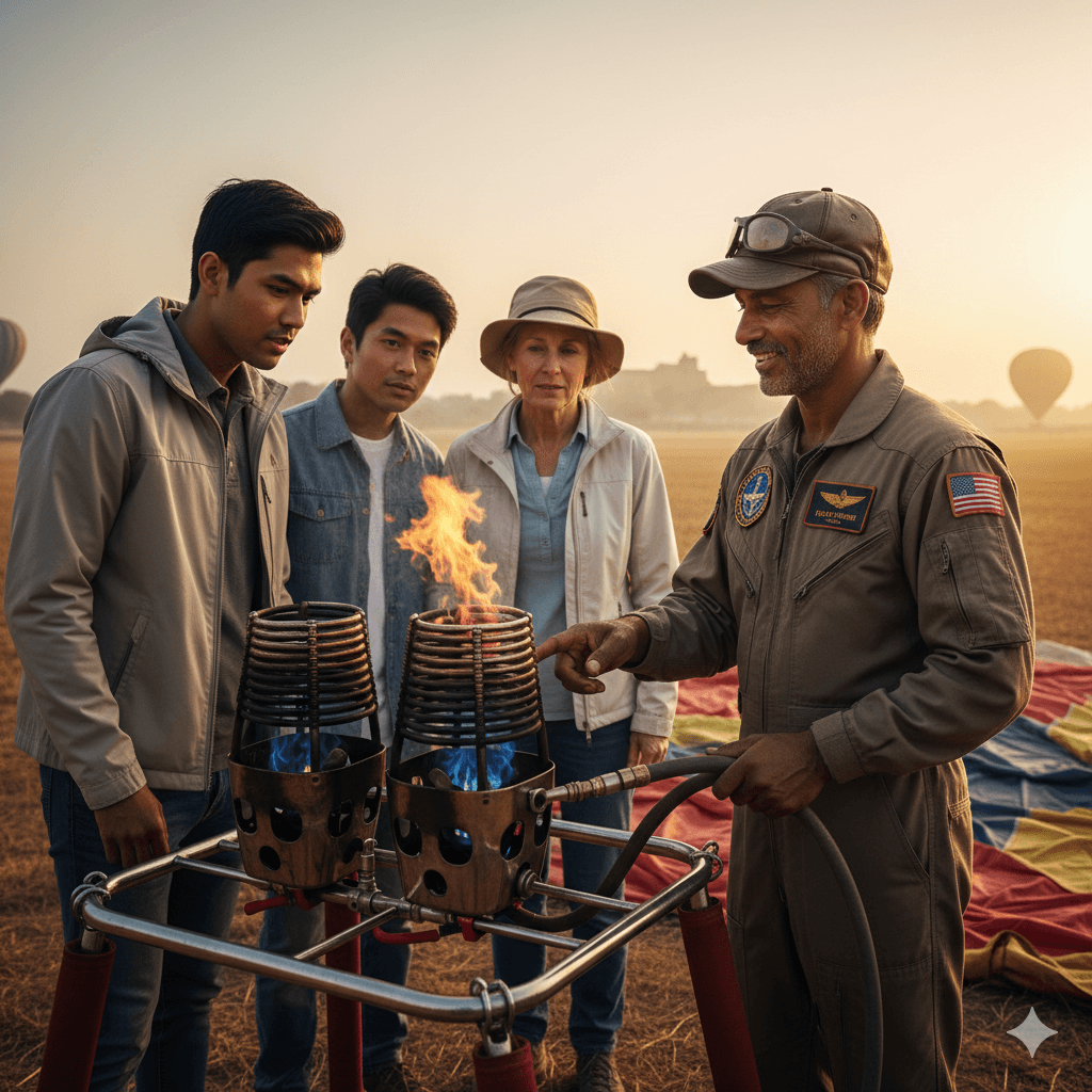 AI-generated image: Professional pilot giving a safety briefing for a hot air ballooning Rajasthan 2026 flight.