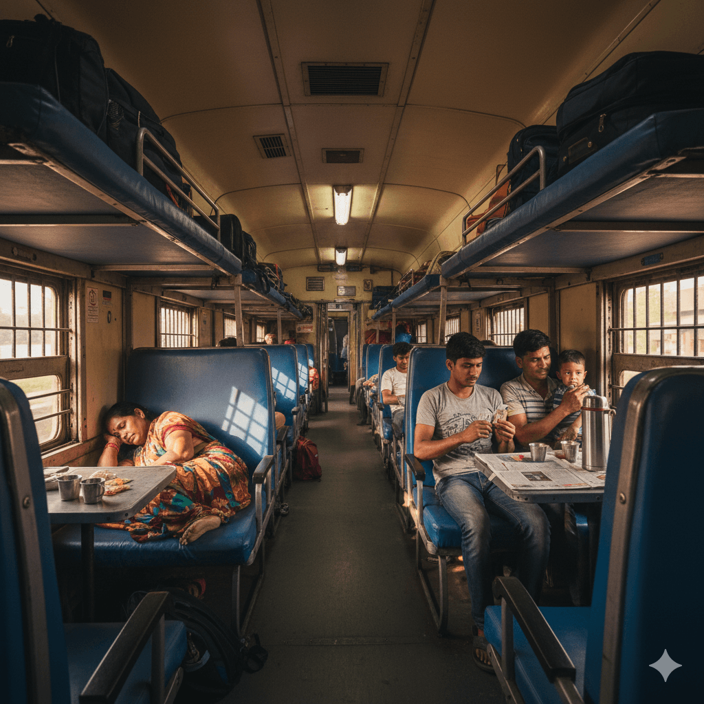 AI generated image of an Indian Railways sleeper class train interior for budget travel.