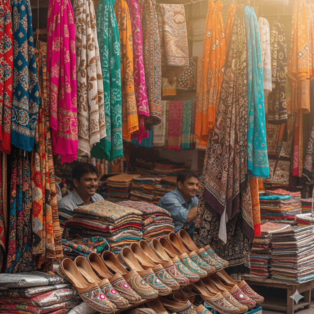AI generated image: Vibrant blue and pink Rajasthani textiles and leather shoes displayed in a Jaipur bazaar for strategic shopping.
