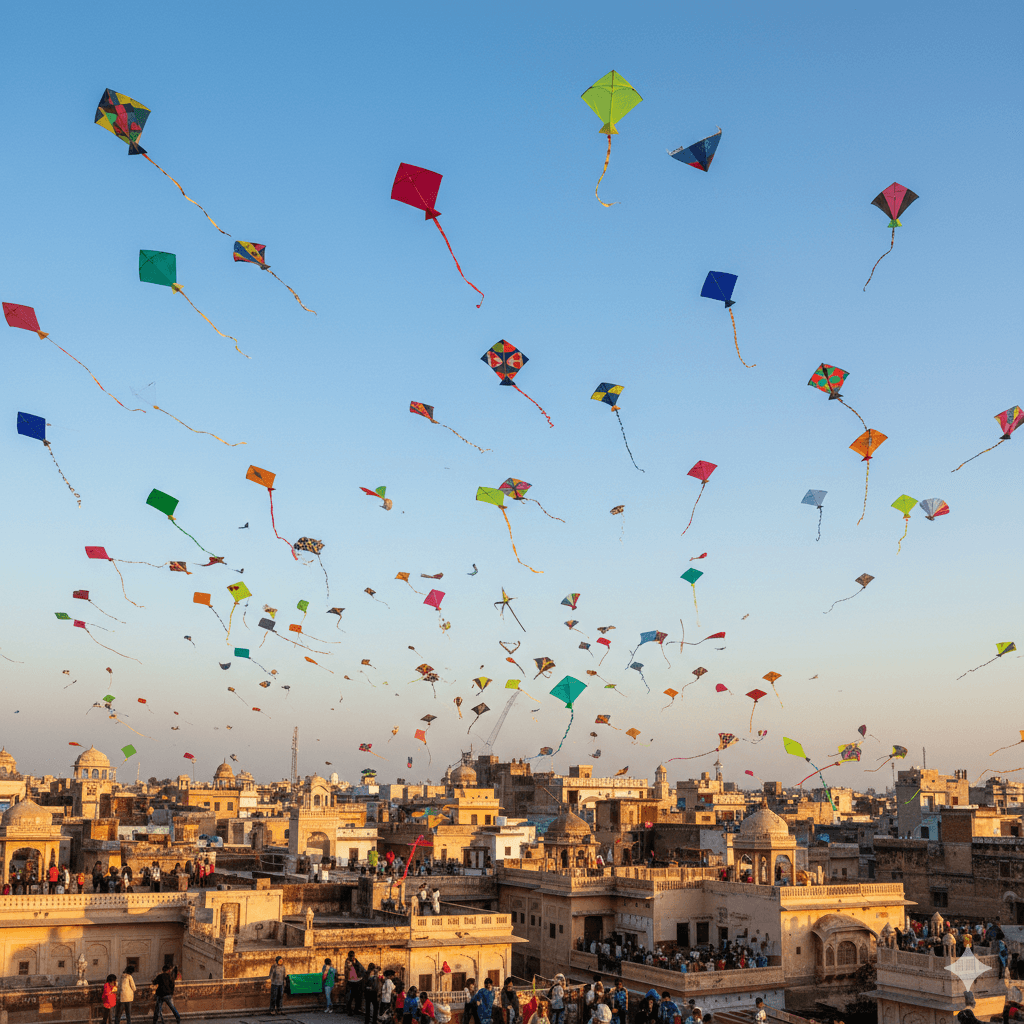 AI generated image of the Jaipur Kite Festival, highlighting free cultural events and things to do in Rajasthan.