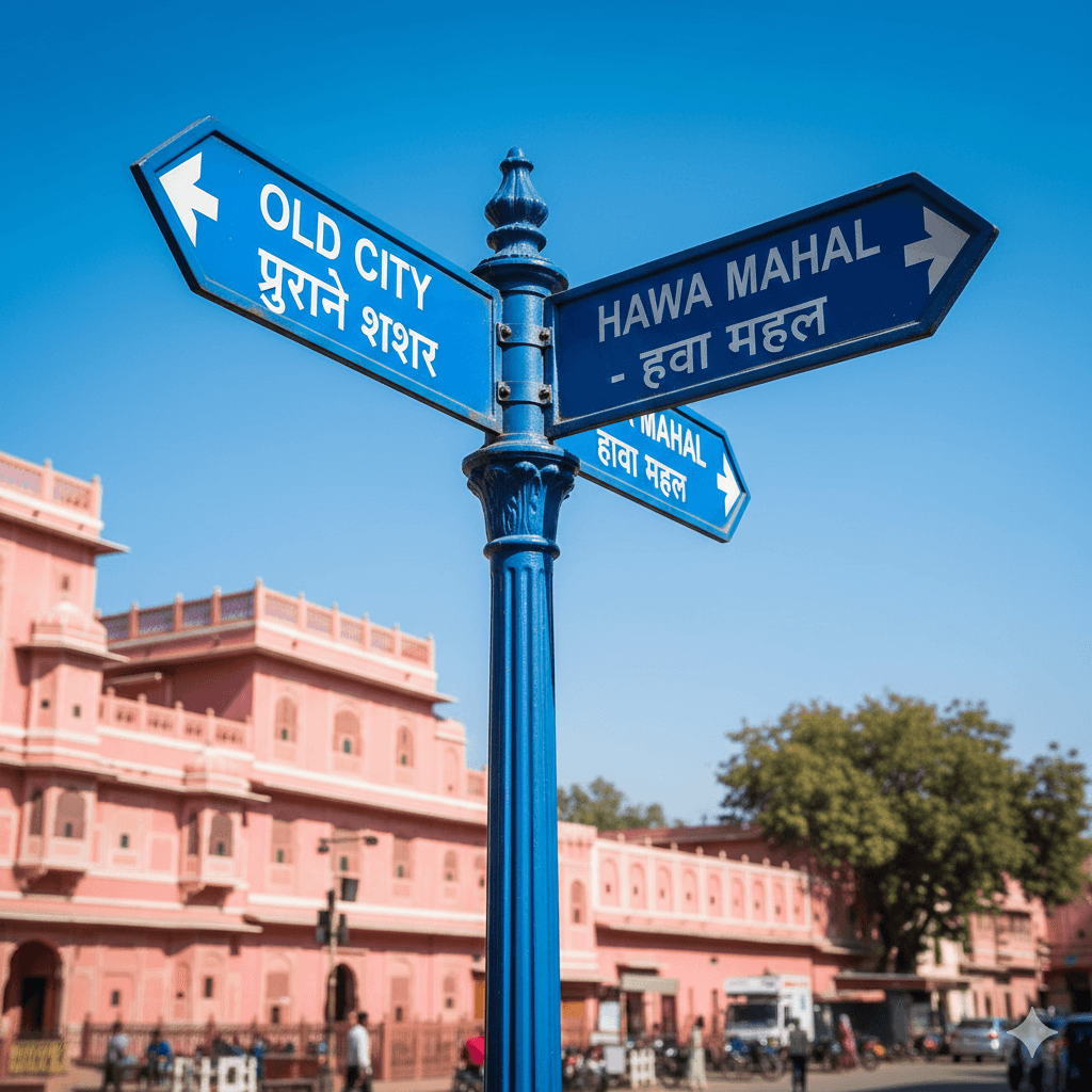 AI generated image: A street sign in Jaipur pointing toward major landmarks, providing important information for budget travelers