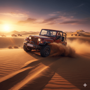 AI-generated image: A 4x4 Jeep performing dune bashing in Jaisalmer Thar Desert at sunset with golden sand spray.