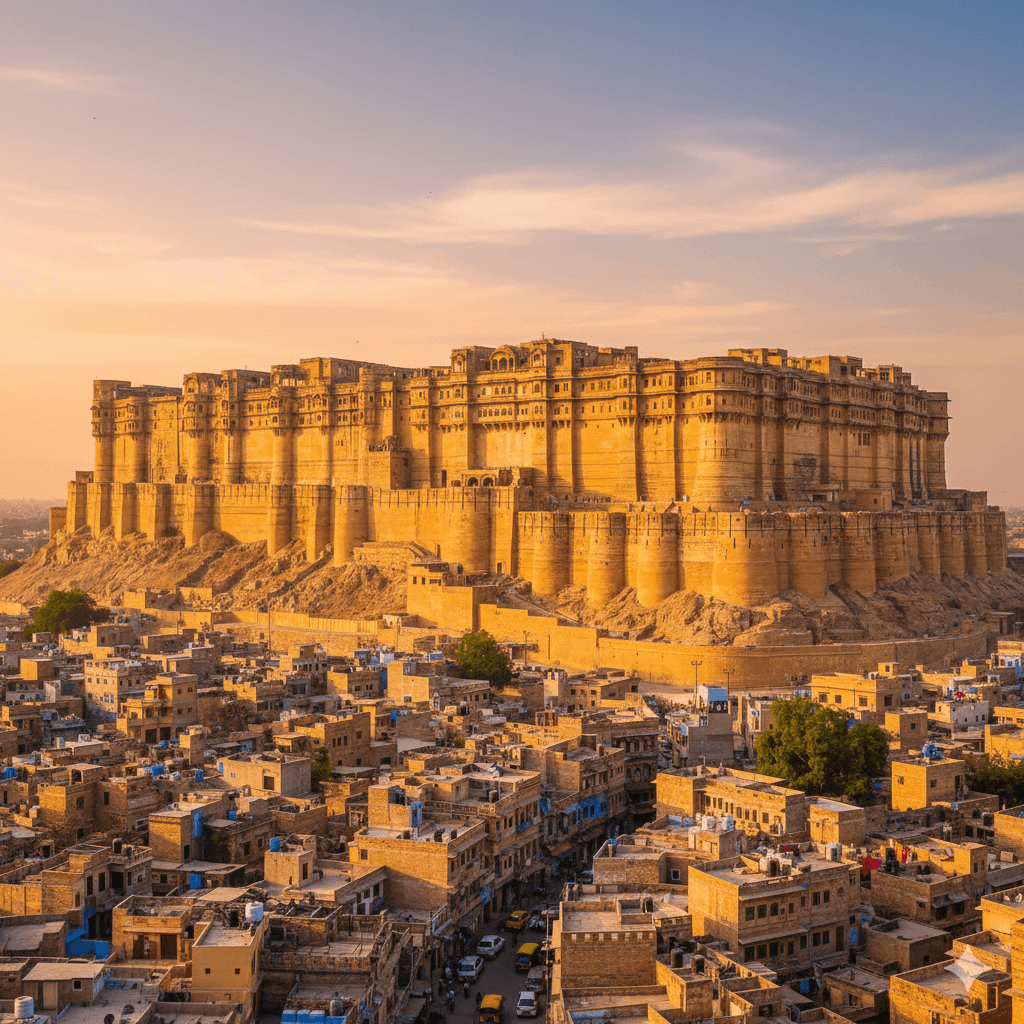 AI-generated image: Aerial view of the historic Jaisalmer Fort (Sonar Quila) in Rajasthan's Golden City. dune bashing in Jaisalmer