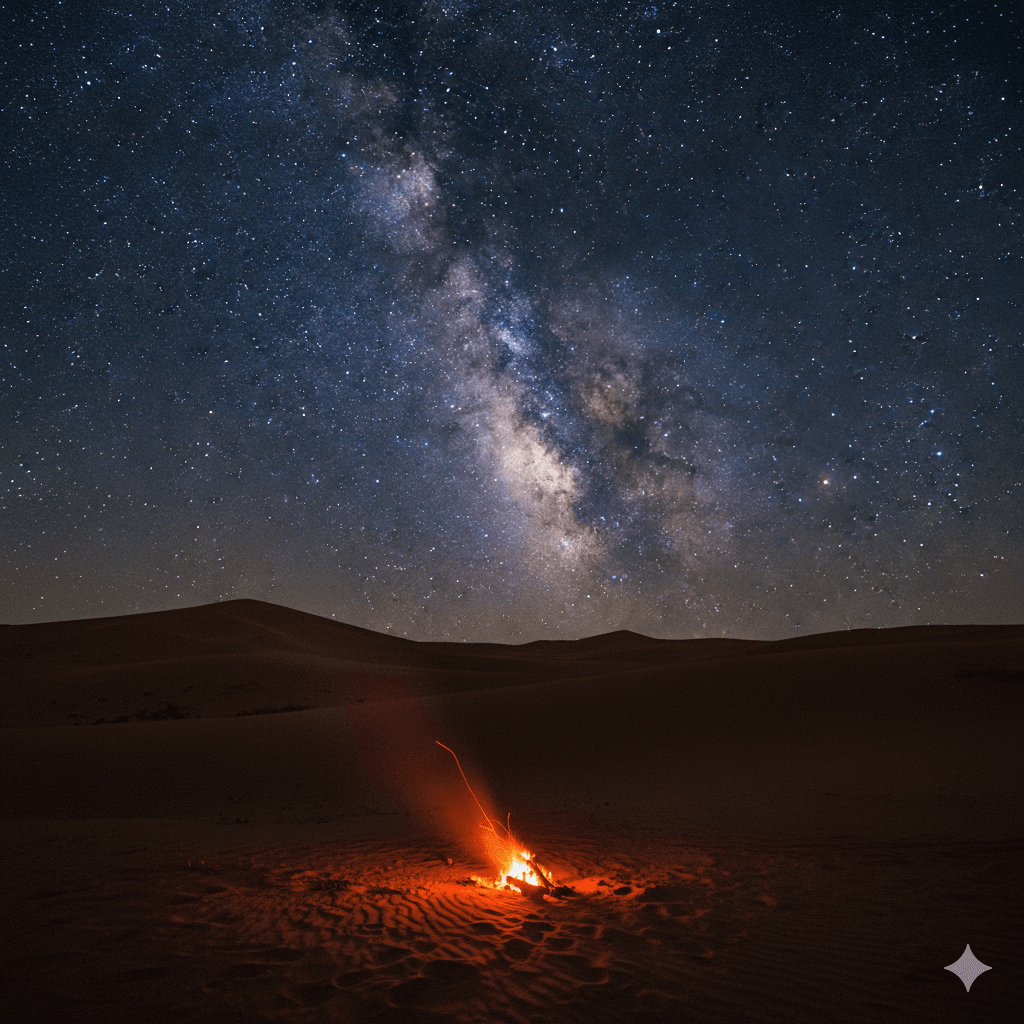 AI generated image of a starry night sky over the Thar Desert dunes in Jaisalmer, adventure activity.