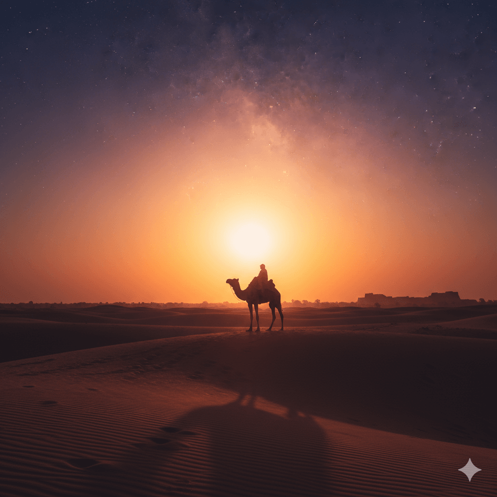 AI-generated image: A peaceful sunset over the Thar Desert with a silhouette of a camel and a traveler. dune bashing in Jaisalmer