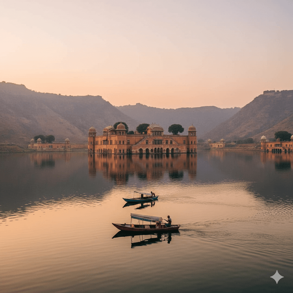AI generated image: The Jal Mahal water palace in Jaipur at sunrise, showing the historical architecture beyond the ticket counter.