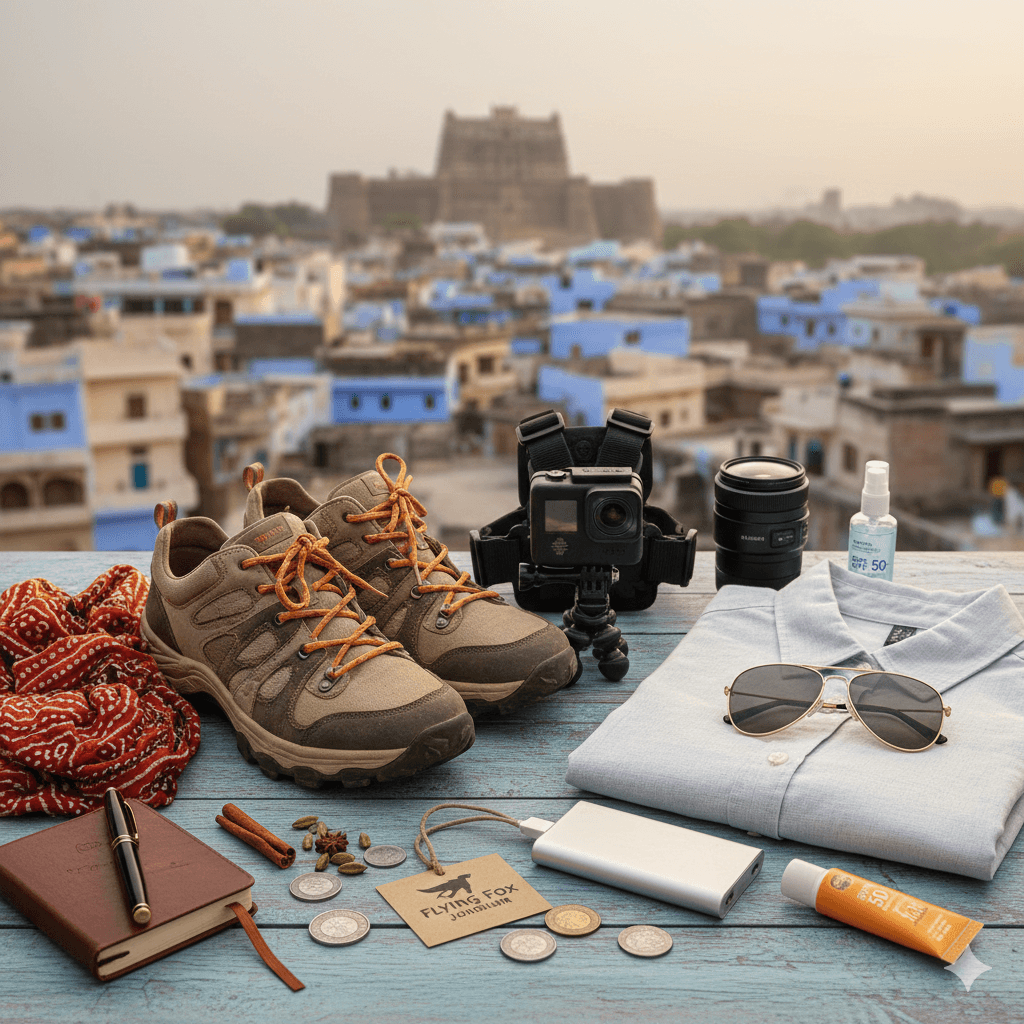 AI-generated flat lay of travel essentials for ziplining and desert exploration in Rajasthan. Flying Fox Jodhpur