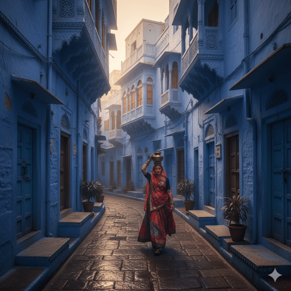 AI generated image of the blue-painted houses in the old city of Jodhpur, showcasing cultural walks.