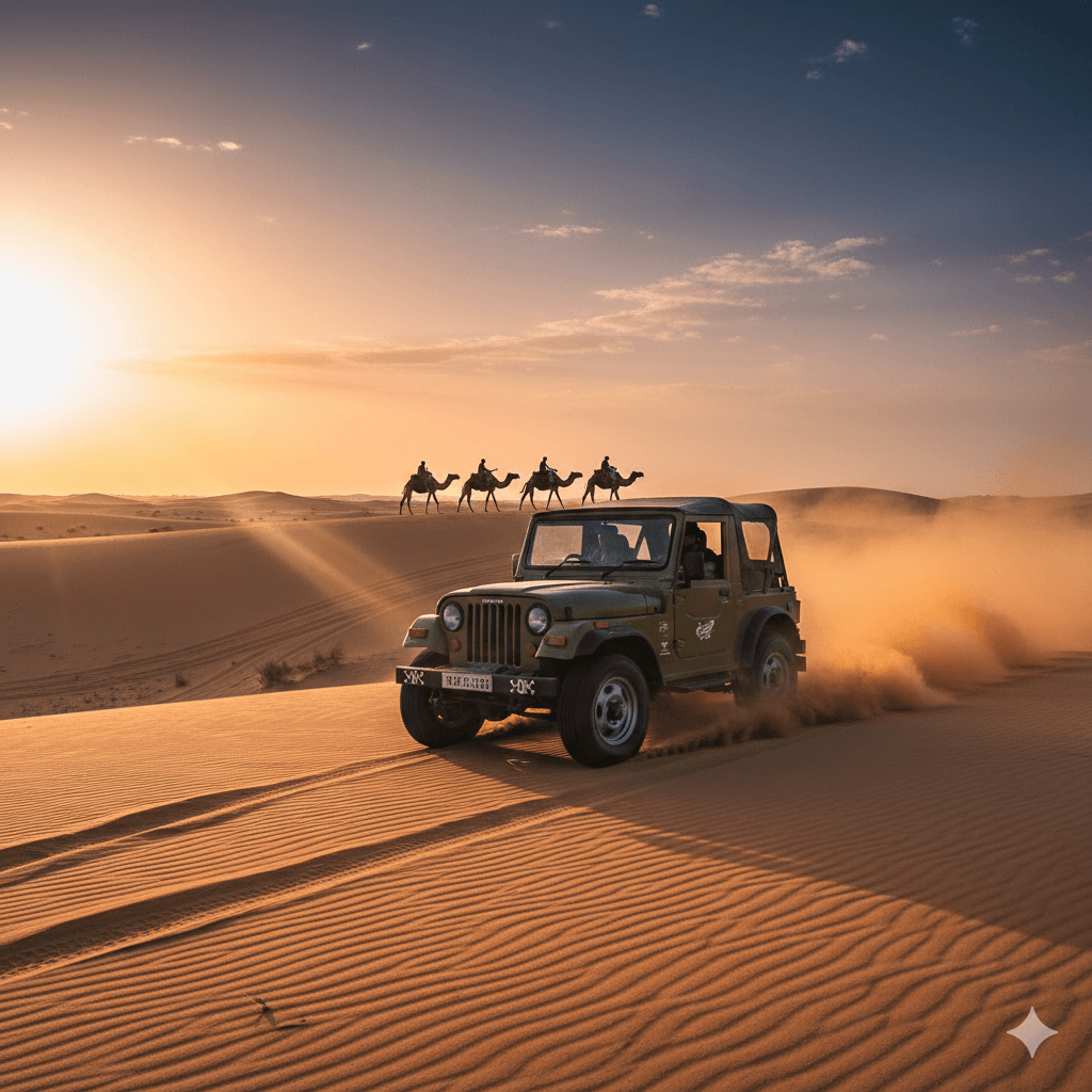 AI-generated action shot of a desert safari and camel trekking near Jodhpur, Rajasthan. Flying Fox Jodhpur