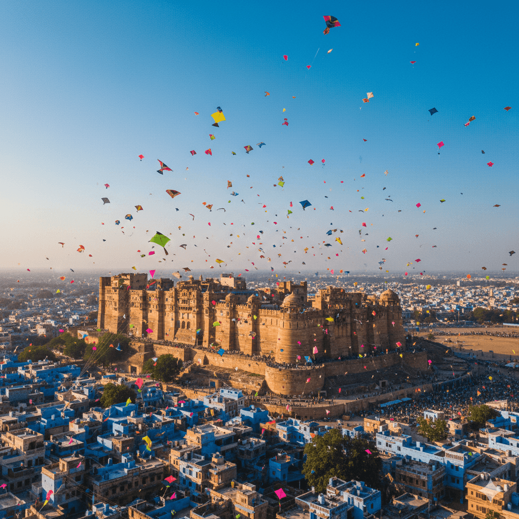 AI-generated sky view of the International Kite Festival 2026 above Jodhpur city. Flying Fox Jodhpur