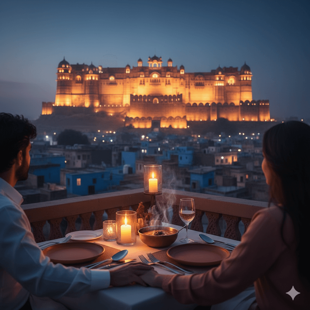 AI-generated evening view of a luxury rooftop cafe in Jodhpur overlooking the lit-up Mehrangarh Fort.