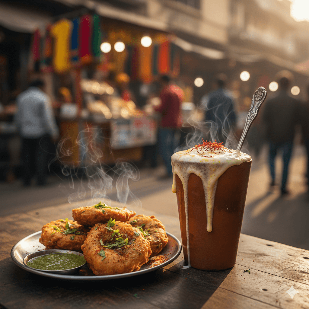 AI-generated realistic image of traditional Jodhpuri street food including Mirchi Vada and Lassi.