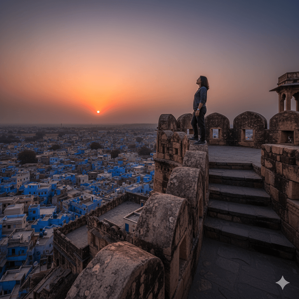 AI-generated silhouette of a traveler overlooking Jodhpur at dusk from the heights of Mehrangarh Fort.