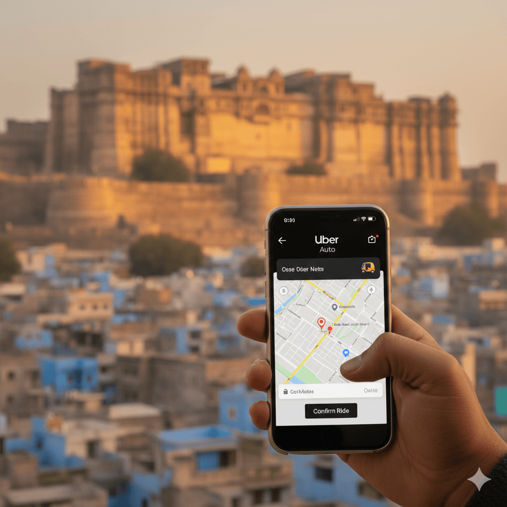 AI-generated image illustrating travel tips for navigating Jodhpur using local transport apps.