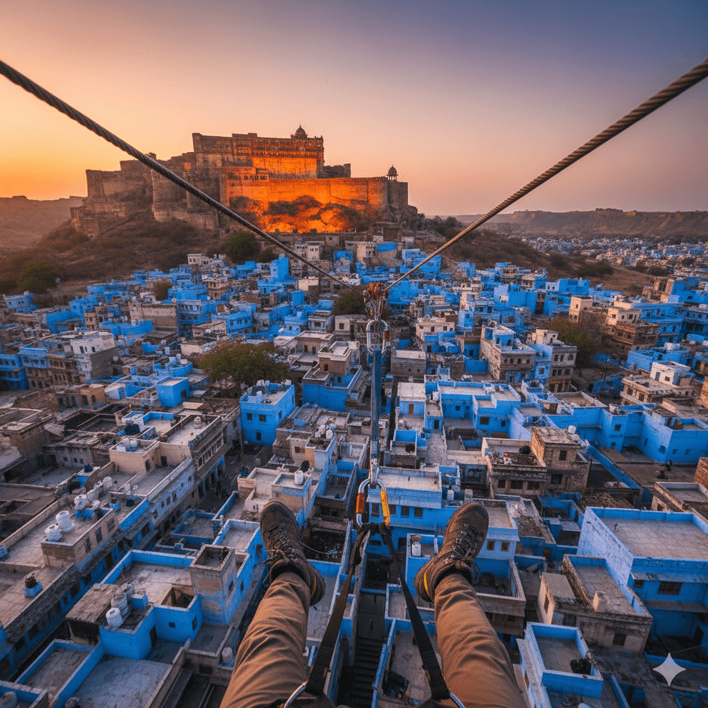 AI-generated POV shot of a traveler ziplining over the blue houses of Jodhpur with Mehrangarh Fort in the background.