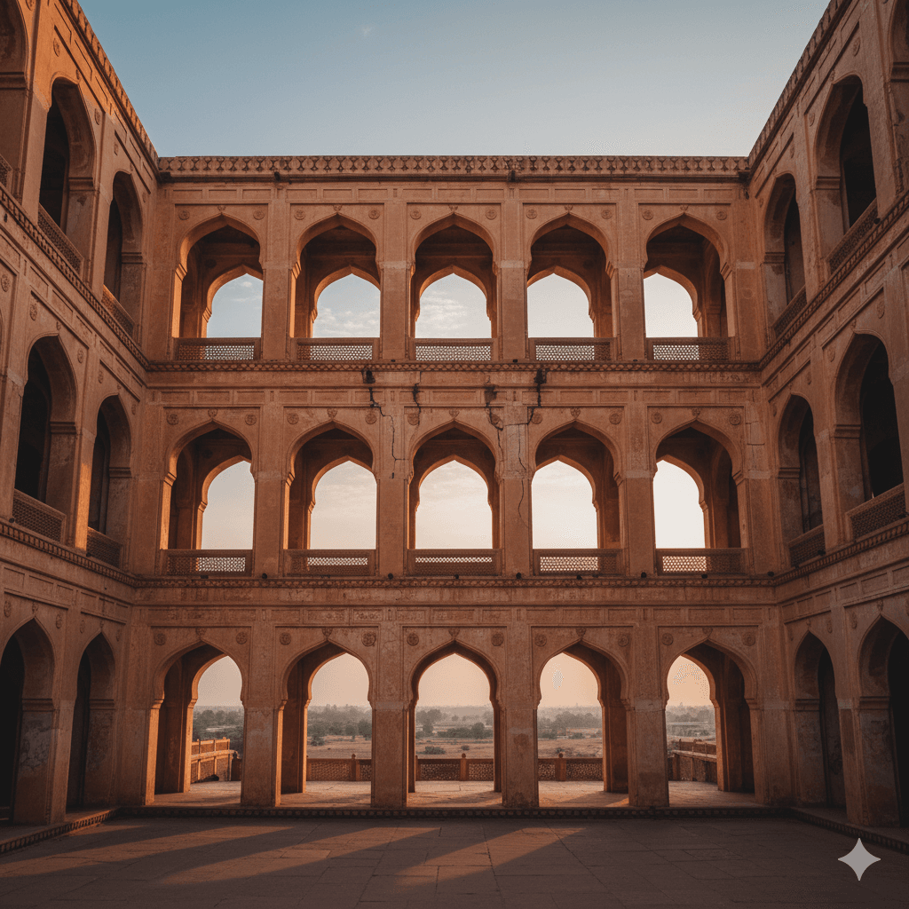 AI generated image of the architectural arches of Khetri Mahal in Jhunjhunu, a famous historical place in Shekhawati.