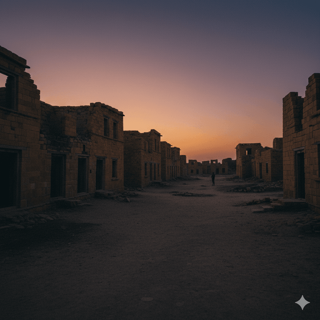 AI-generated image: The eerie ruins of Kuldhara ghost village near Jaisalmer during the blue hour.