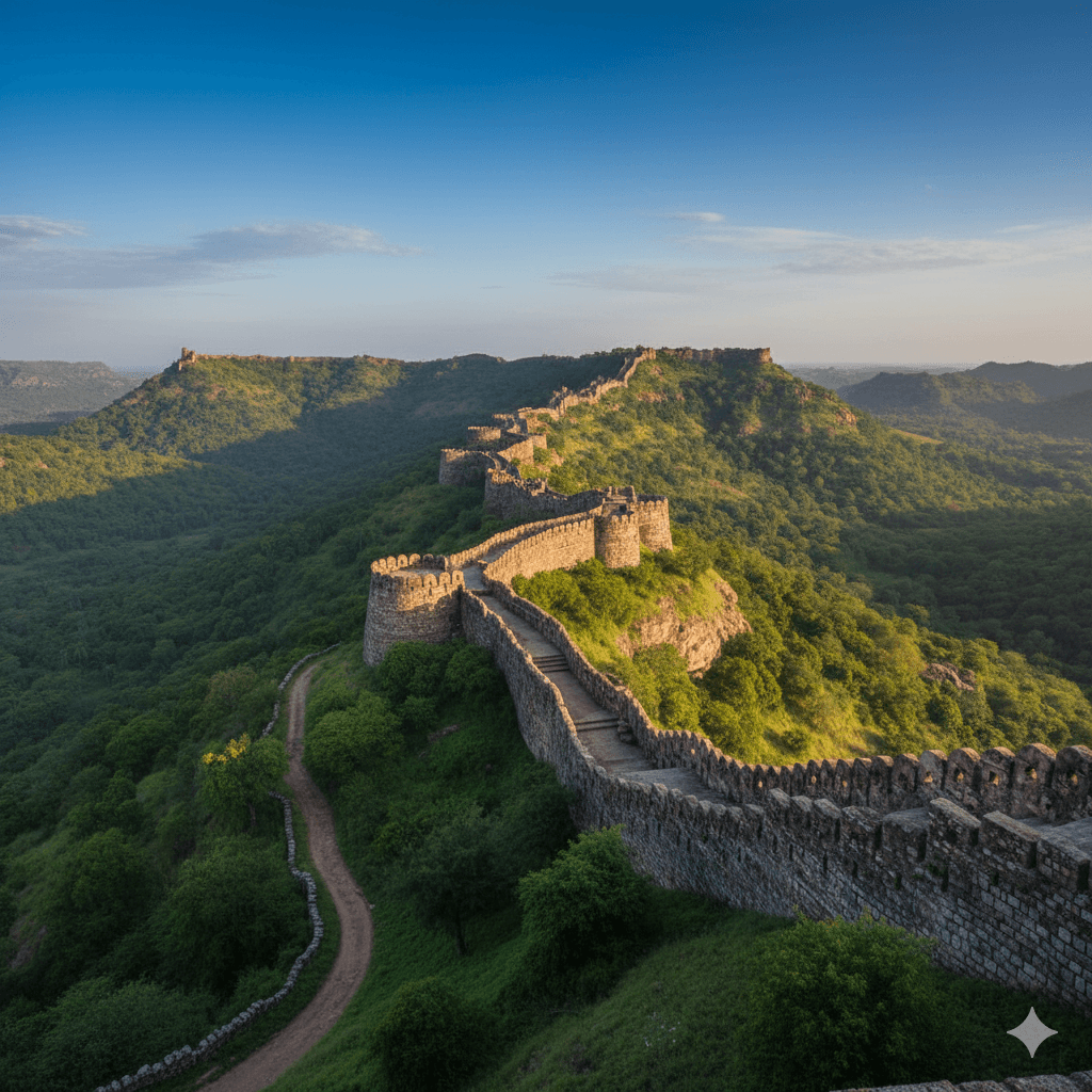 AI generated image of the Great Wall of Kumbhalgarh Fort, illustrating the "view from outside" strategy for sightseeing.