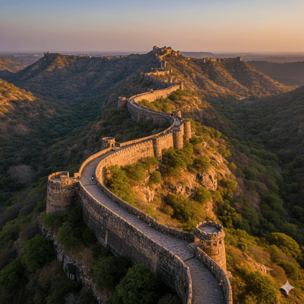 AI generated image of the Great Wall of India at Kumbhalgarh Fort showing the massive stone fortifications. Places to visit in Rajsamand