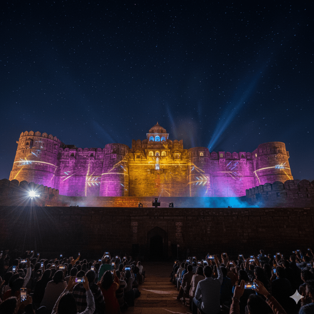 AI generated image of the Kumbhalgarh Fort Sound and Light Show with illuminated ancient walls under a starry sky.