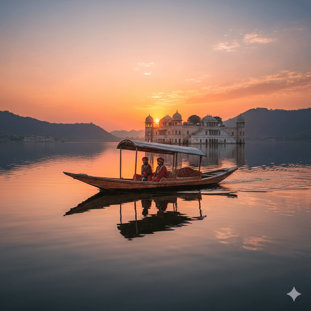 AI-generated image: Sunset boat ride on Lake Pichola, a top sightseeing destination in Udaipur. 