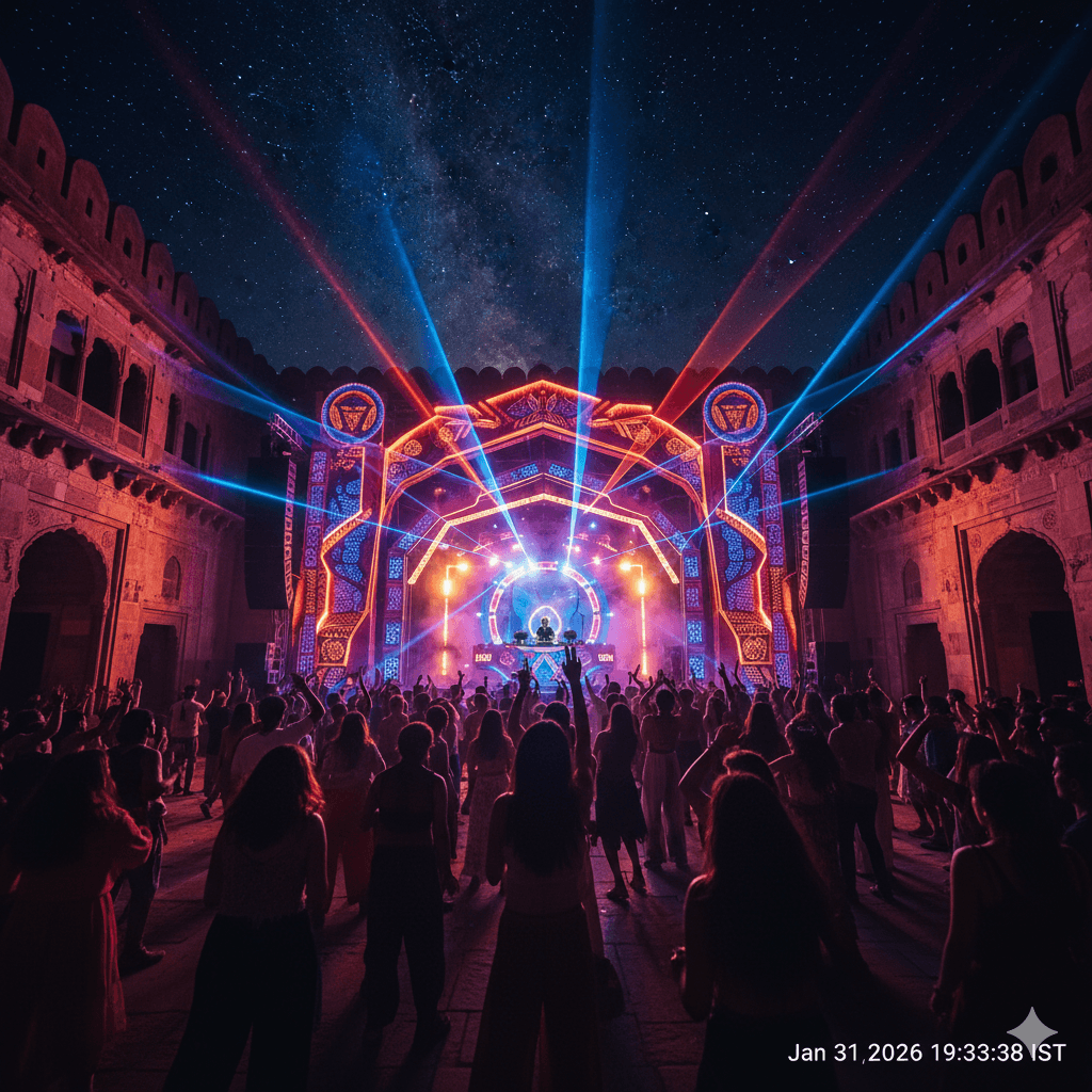 AI generated image of the Magnetic Fields festival at Alsisar Mahal fort in Shekhawati. Shekhawati Travel Guide