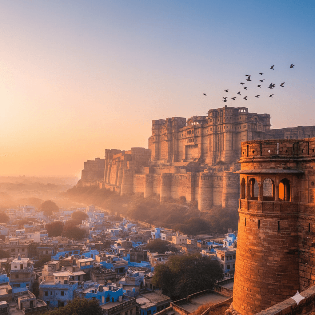 AI-generated high-resolution image of Mehrangarh Fort battlements during sunrise in Jodhpur, Rajasthan. Flying Fox Jodhpur