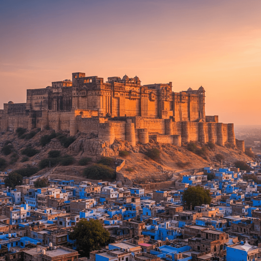 AI generated image of the majestic Mehrangarh Fort in Jodhpur during sunset. Rajasthan budget itinerary