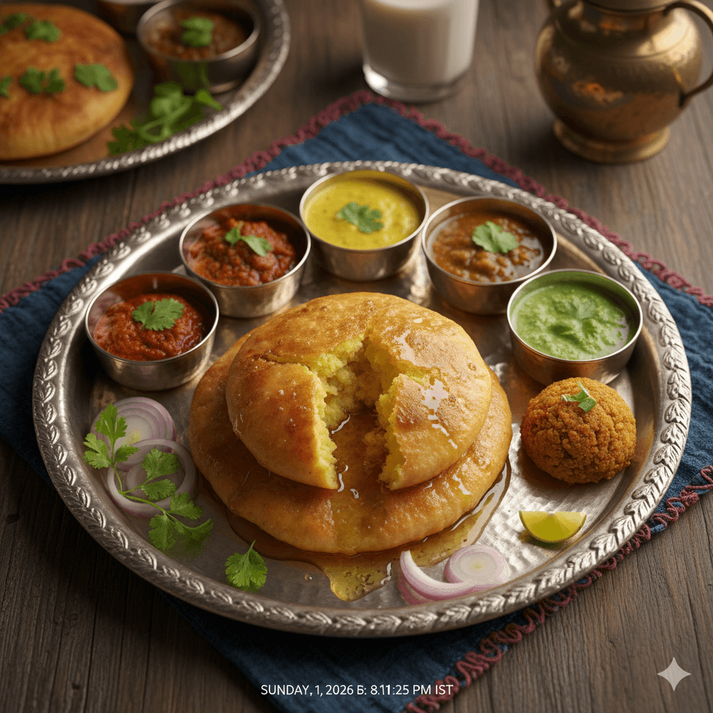 AI generated image of a traditional Rajasthani Dal Baati Churma meal served on a silver plate. Places to visit in Rajsamand