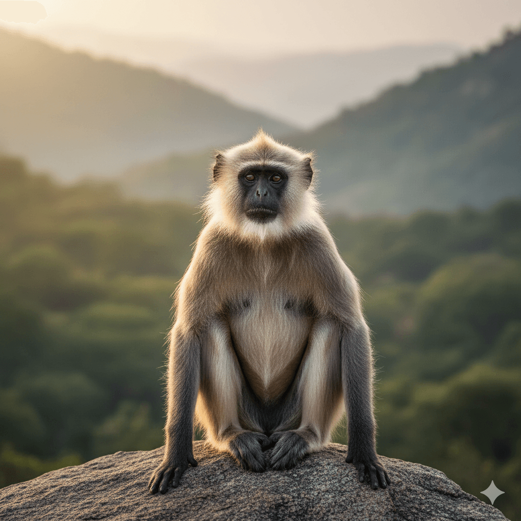 AI-generated realistic langur monkey sitting on a granite rock in Mount Abu.