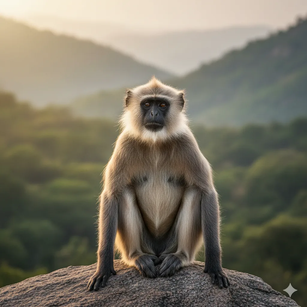 AI-generated realistic langur monkey sitting on a granite rock in Mount Abu.