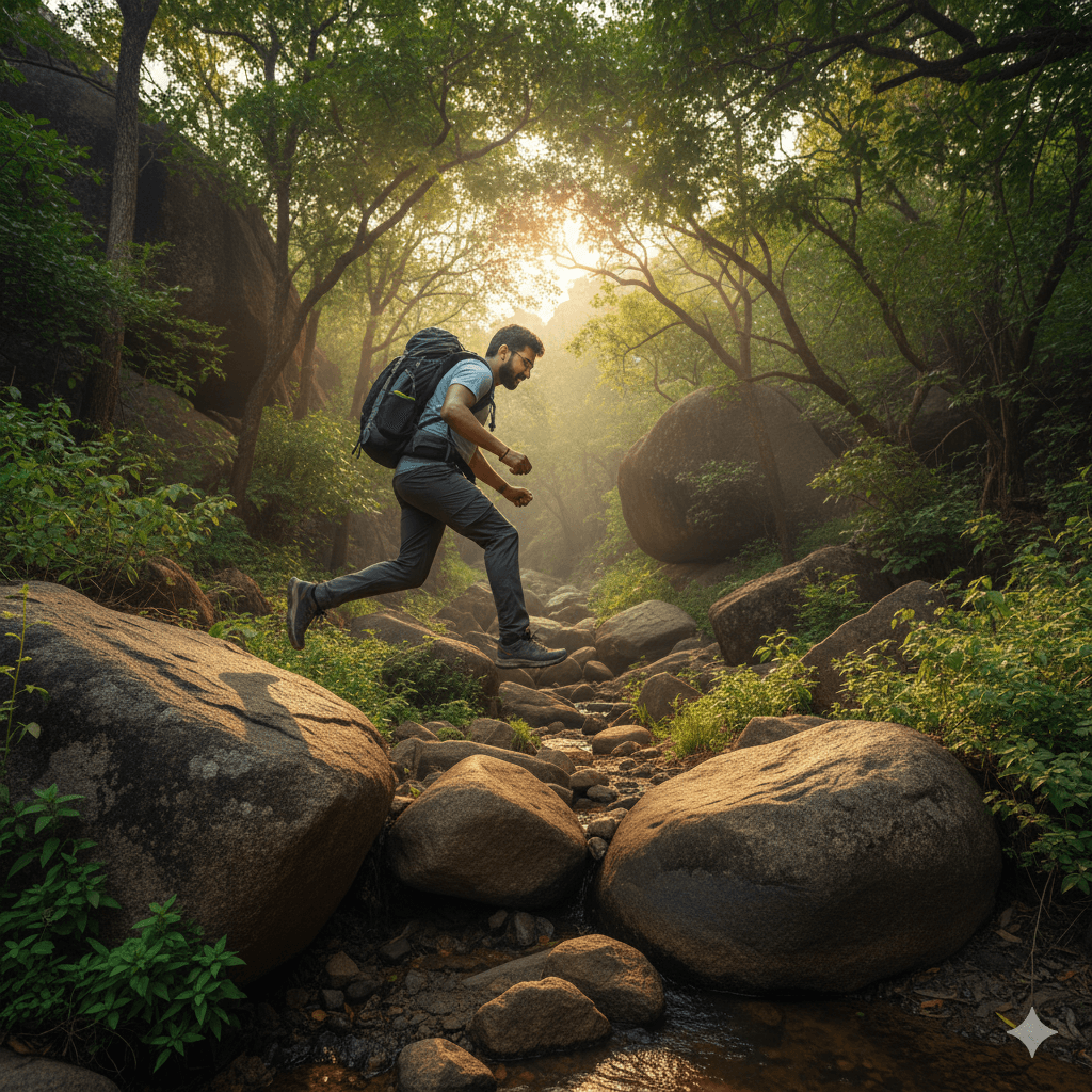 AI-generated rugged nature trail in Mount Abu wildlife sanctuary featuring granite boulders.