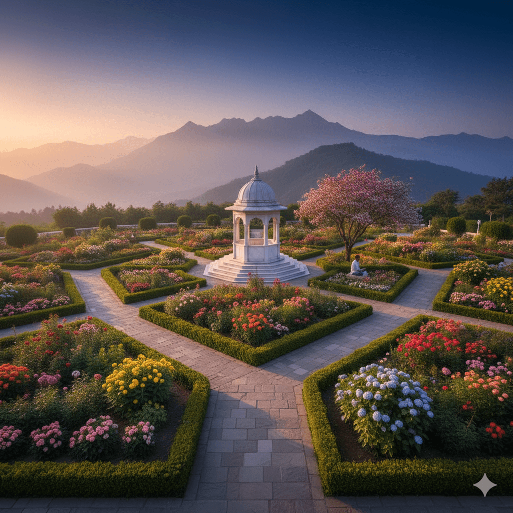 AI-generated serene and colorful flower gardens at the Peace Park in Mount Abu.