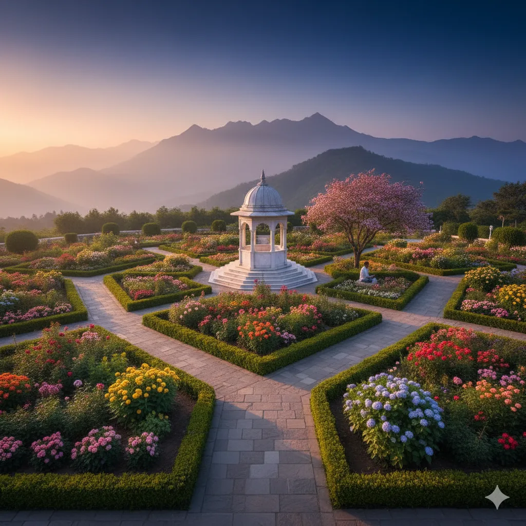 AI-generated serene and colorful flower gardens at the Peace Park in Mount Abu.