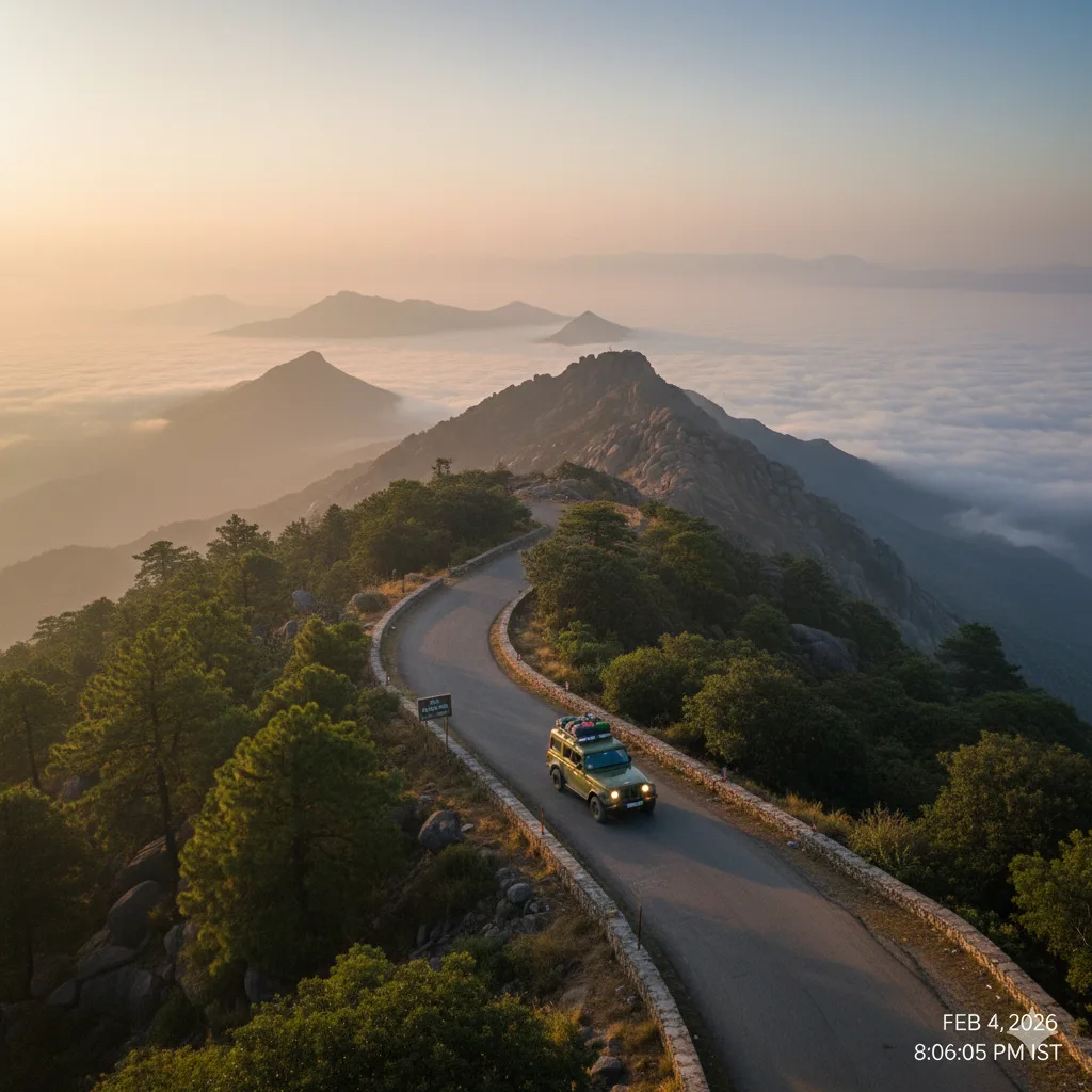 AI-generated winding mountain road leading up to Guru Shikhar Mount Abu with mist.