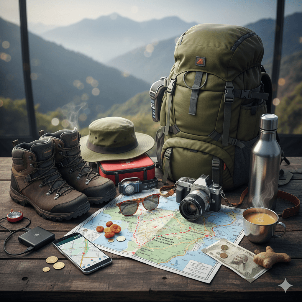 AI-generated flat-lay of hiking boots, a map, and a camera for a Guru Shikhar trekking trip.