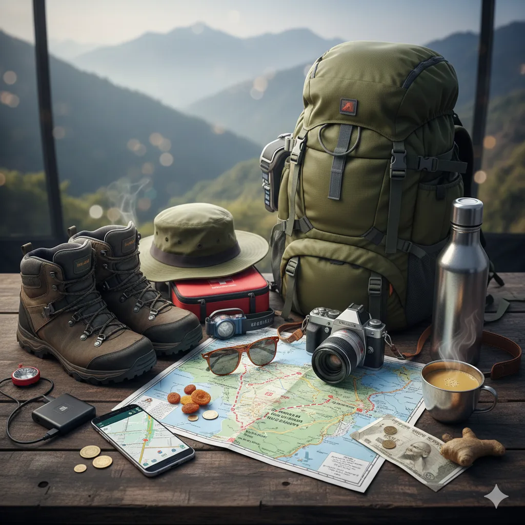 AI-generated flat-lay of hiking boots, a map, and a camera for a Guru Shikhar trekking trip.