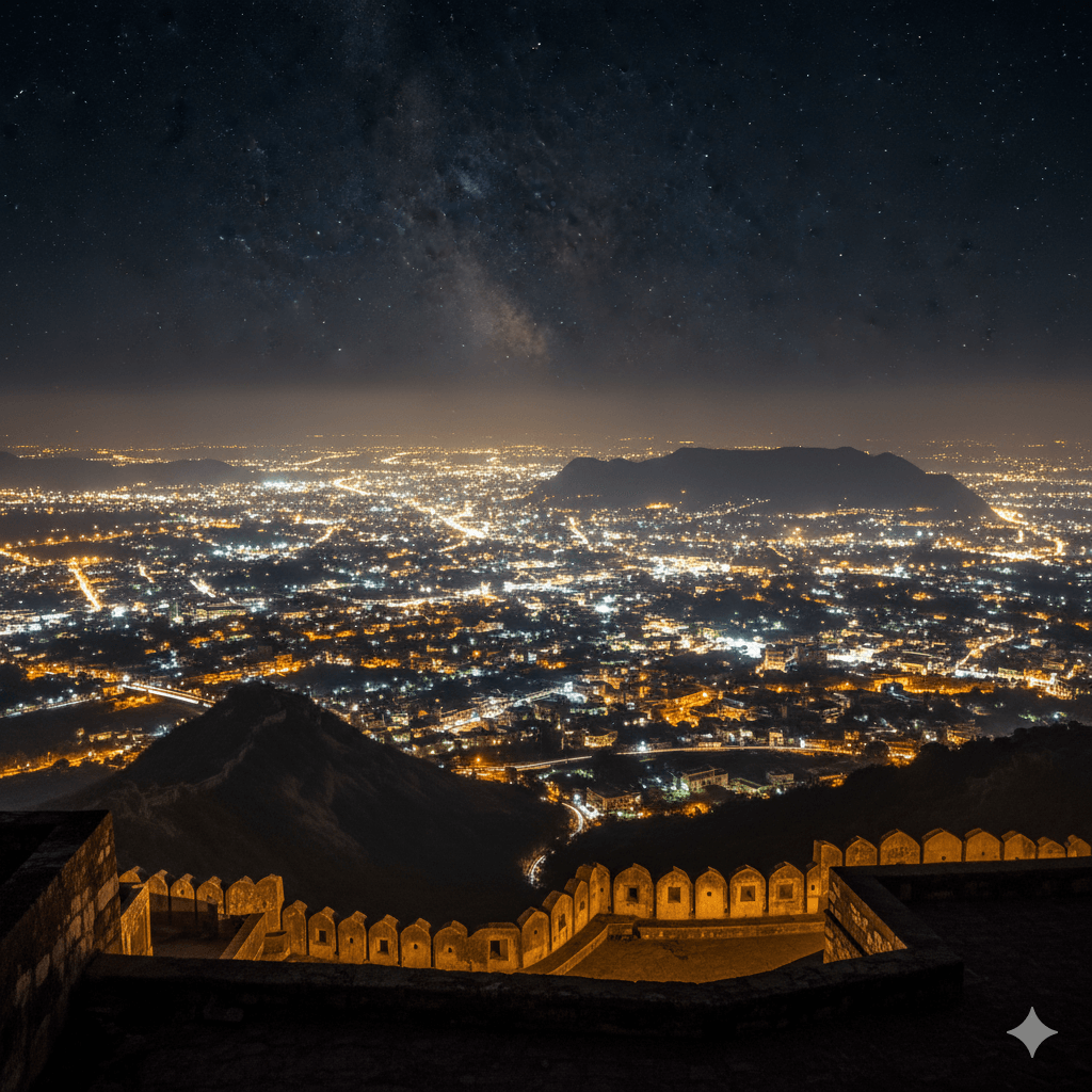 AI generated image: Night view of the glowing Jaipur city lights from the top of Nahargarh Fort, showcasing free adventure activities.
